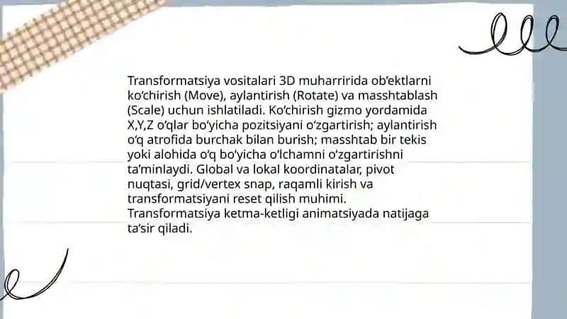 Vertex, edge va face manipulyatsiyasi 3D modelning asosiy elementlarini bevosita tahrirlashni anglatadi 4