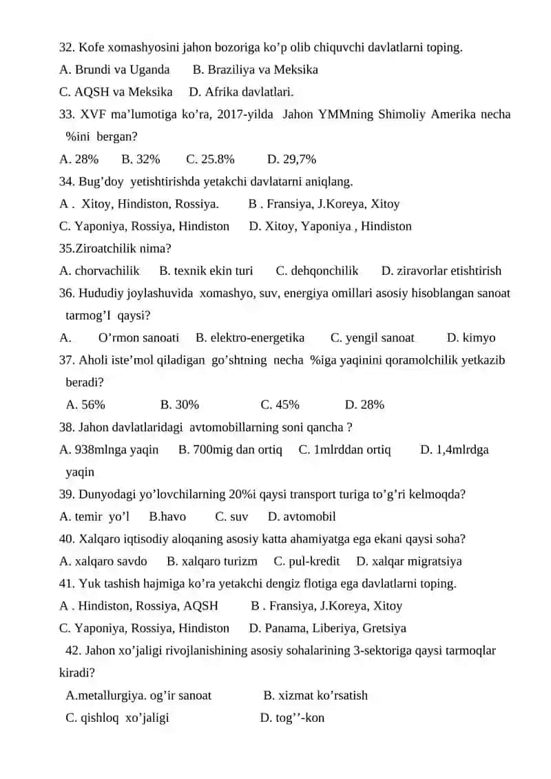9-sinflar uchun Geografiya fanidan test savollari 4