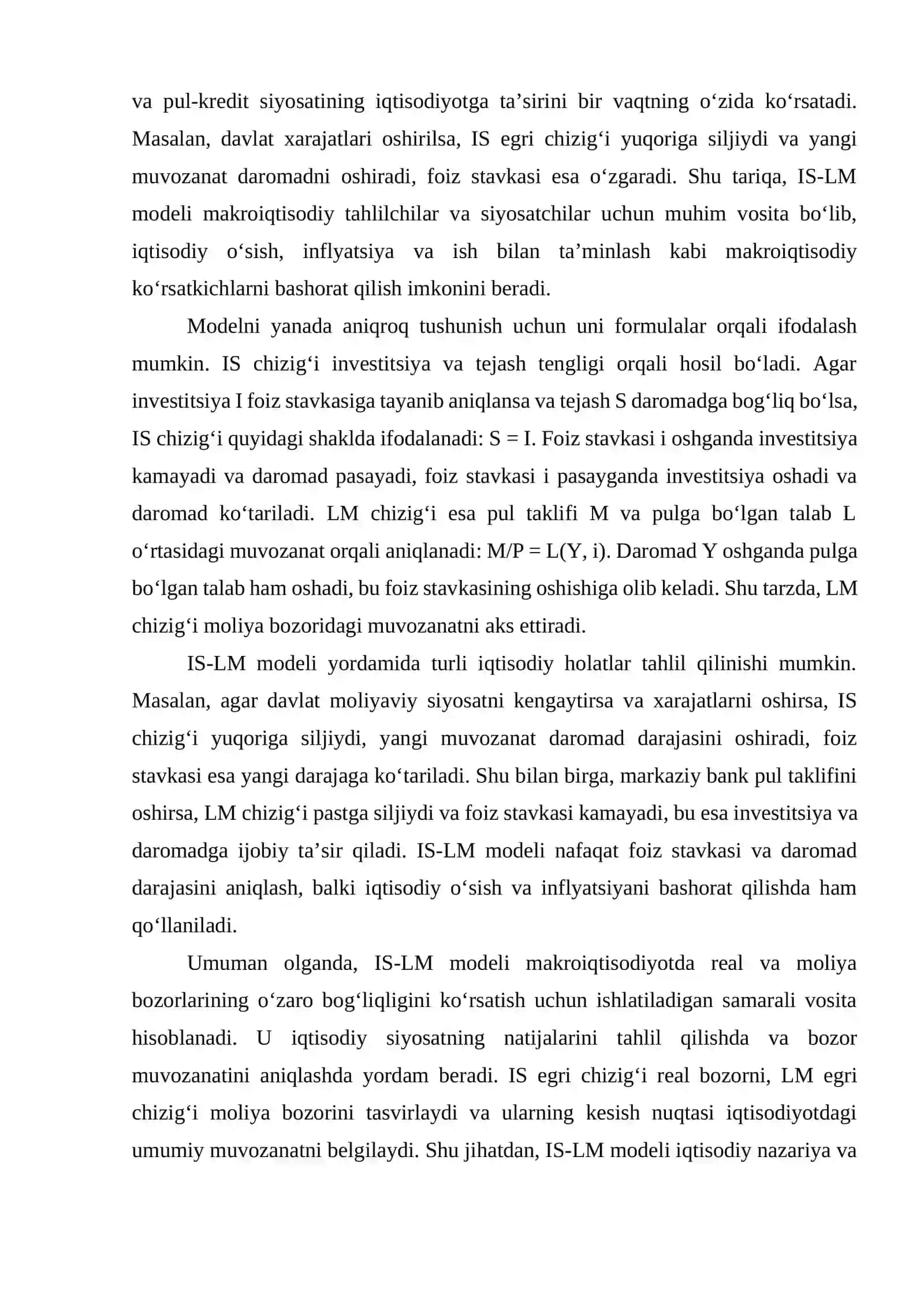 IS-LM MODELI VA UNING REAL VA MOLIYA BOZORIDAGI MUVOZANATNI TASVIRLASH 4