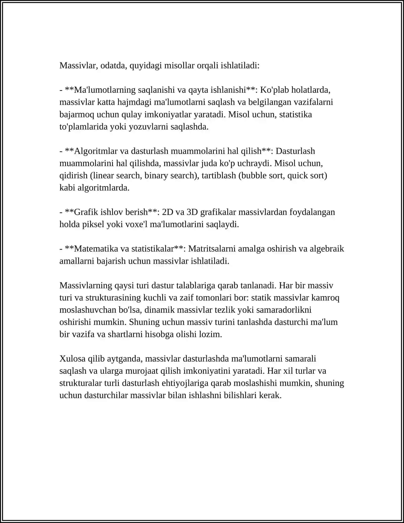 MA'LUMOTLARNING SOZLANGAN TURLARI:MASSIVLAR 4