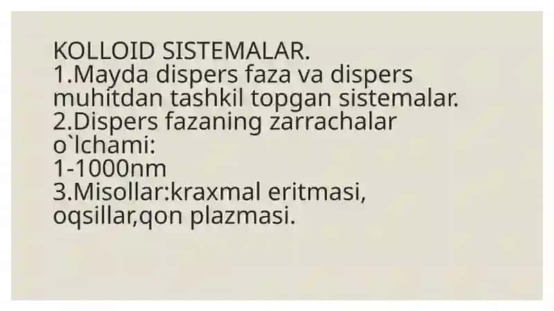 Kolloid sistemalarni dializ yo‘li bilan tozalash. Gemodializni o‘tkazishda kimyoning ahamiyati. 4