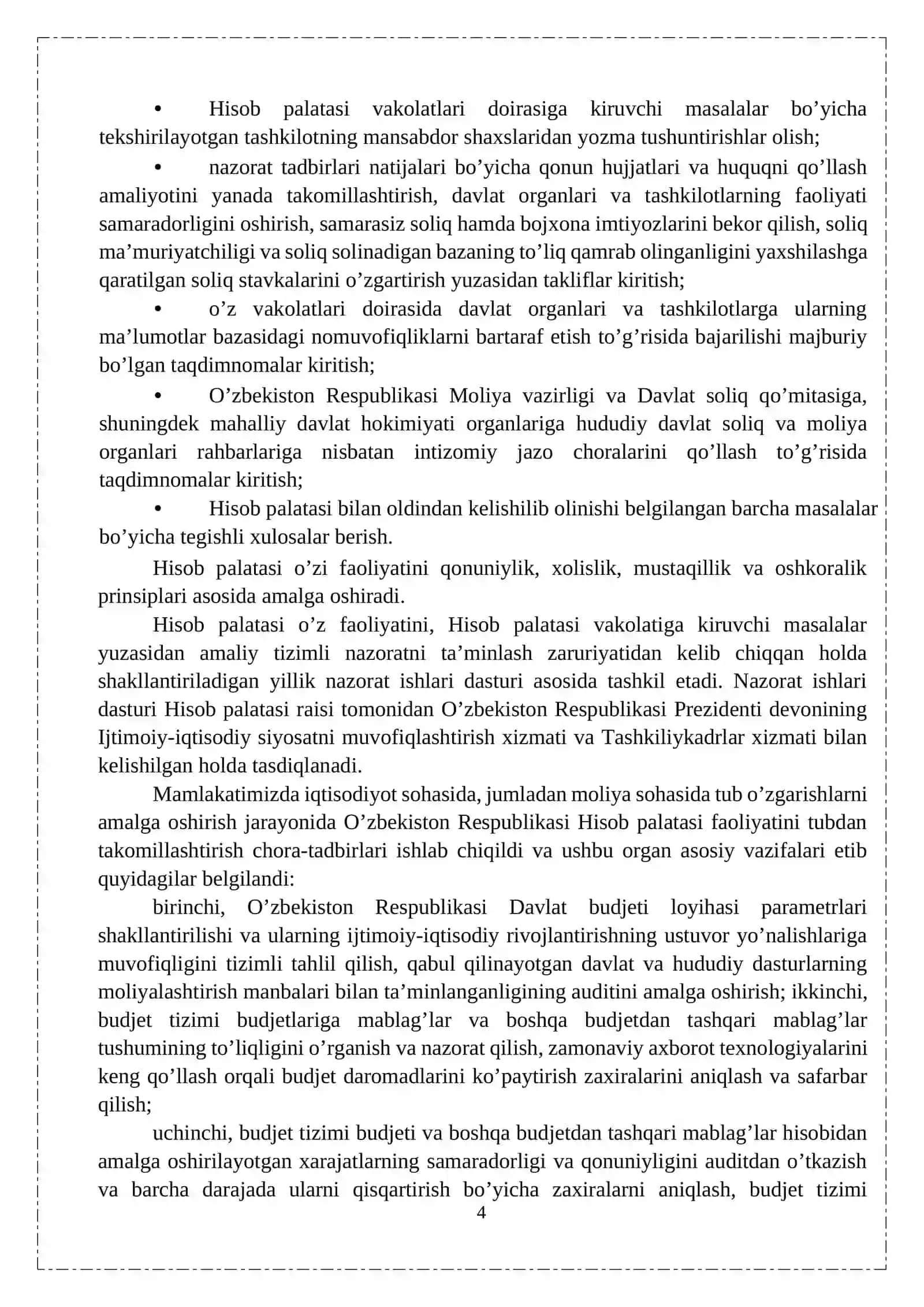 O’zbekiston Respublikasi Hisob palatasi va uning moliyaviy nazoratni tashkil etishdagi o’rni 4
