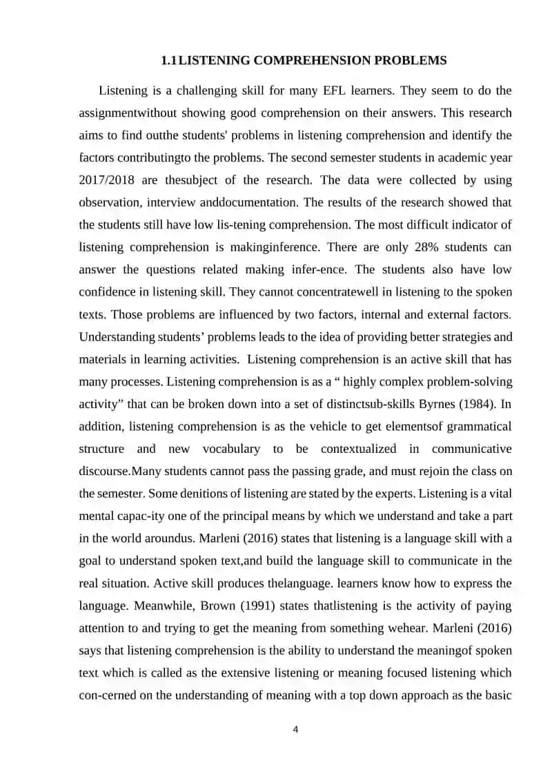 A COMPARISON OF EFL TEACHERS AND STUDENTS PERCEPTIONS OF LISTENING COMPREHENSION PROBLEMS AND TEACHERS REPORTED CLASSROOM PRACTICES 4