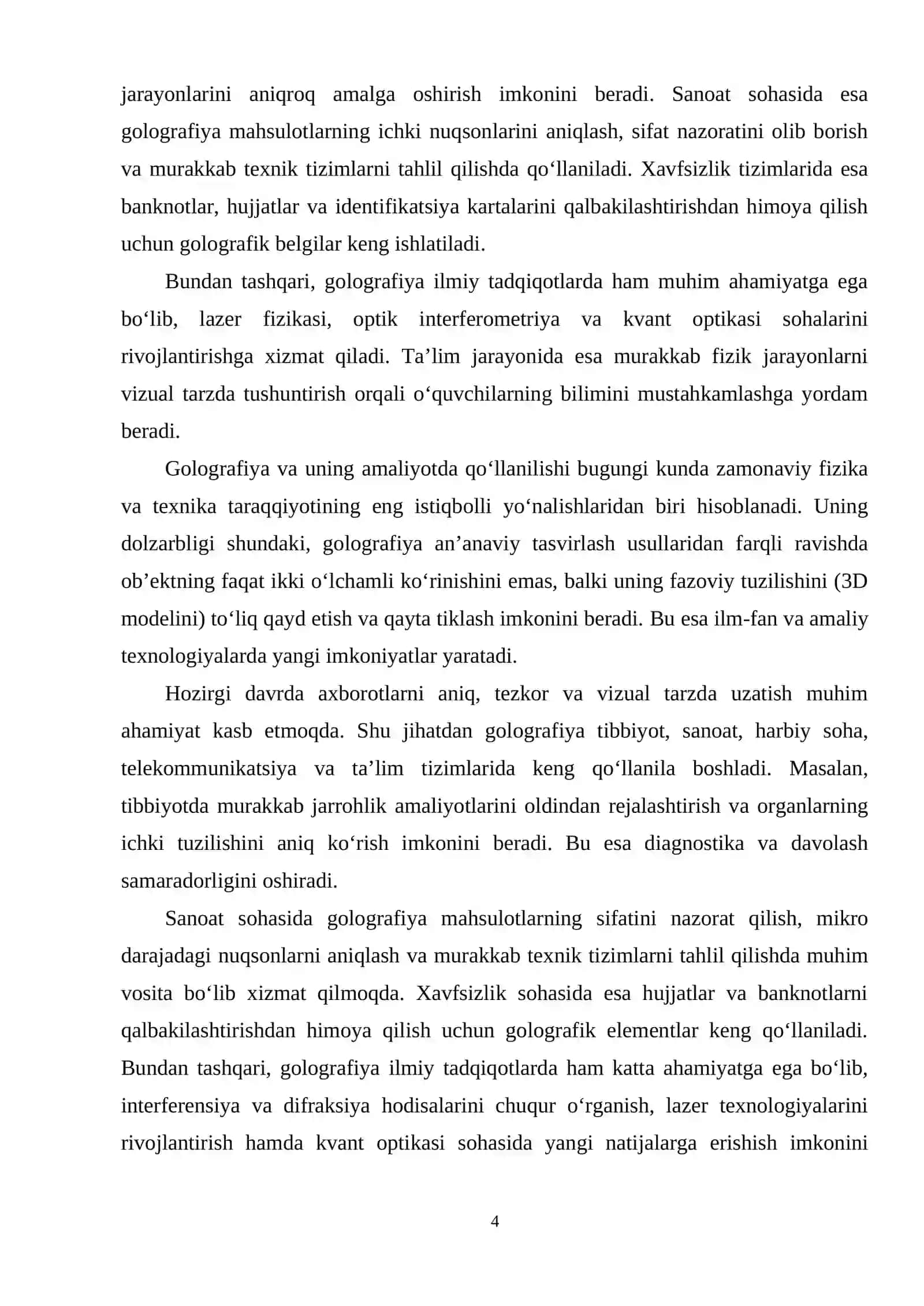 “GOLOGRAFIYA VA UNING AMALIYOTDA QO‘LANILISHI” KURS ISHI 4