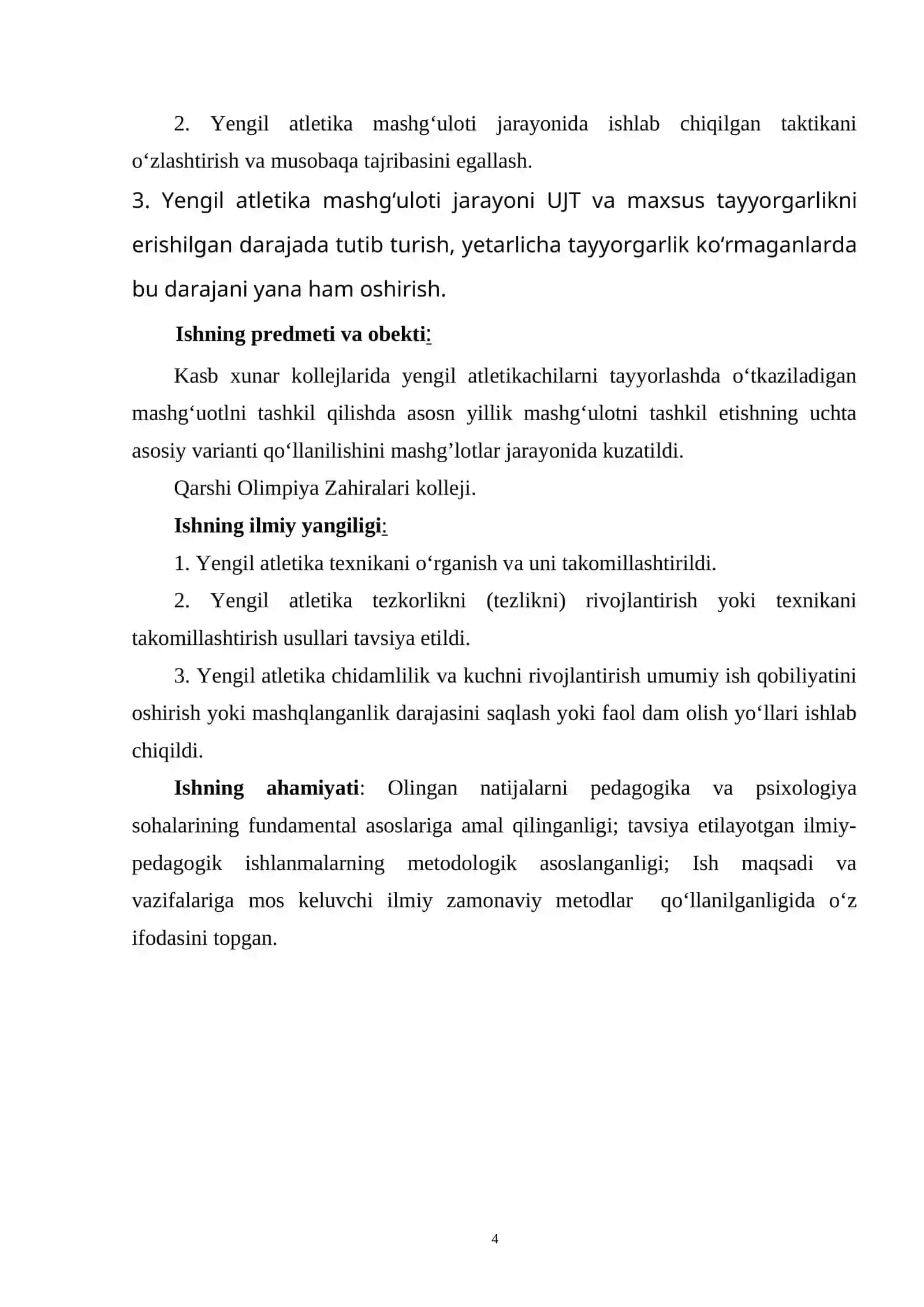 Kasb - hunar kollejlarida yengil atletikachilarni tayyorlashda o‘tkaziladigan mashg‘ulotni tashkil qilish 4