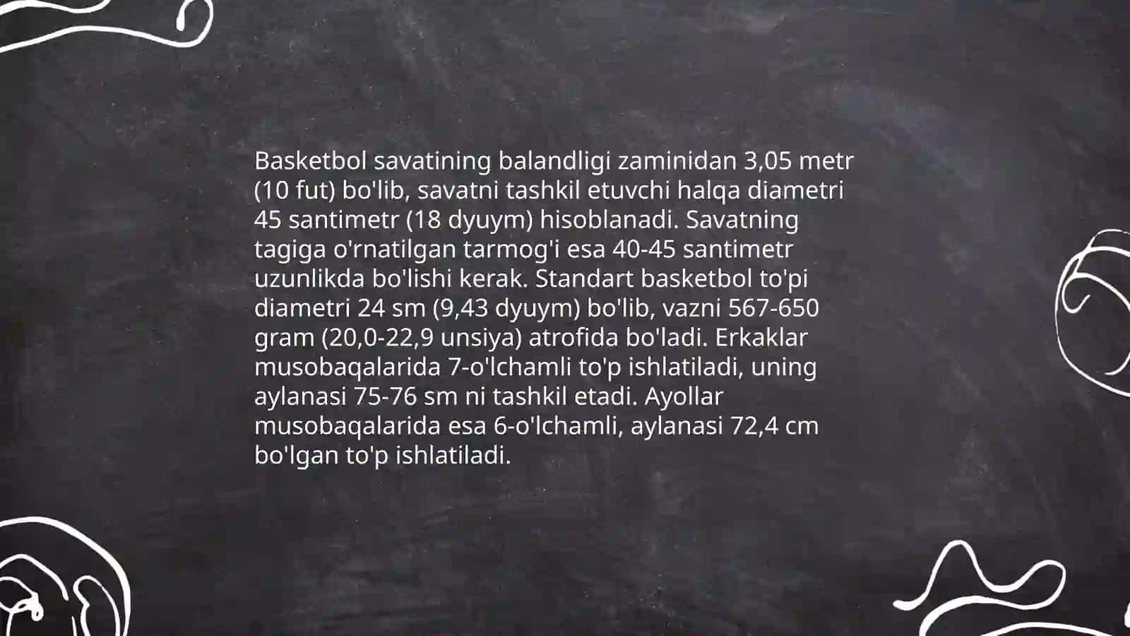 Basketbol, futbol, gandbol va voleybol sport turini maydon o‘lchamlari va jihozlari 4