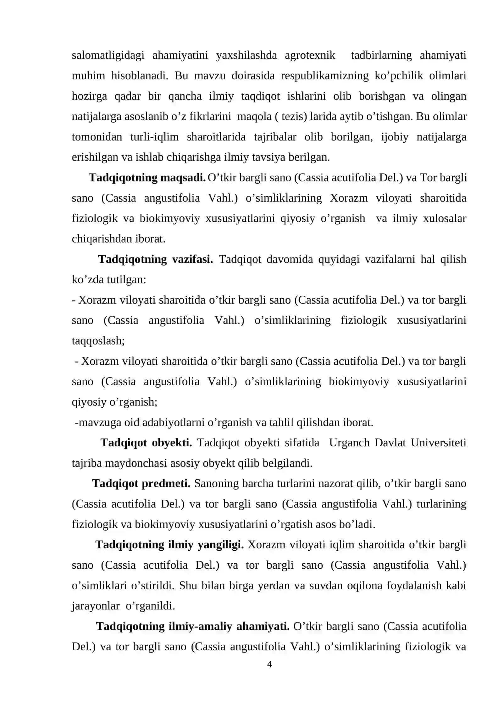 Xorazm viloyati sharoitida o'tkir bargli sano (Cassia acutifolia Del.) va tor bargli sano (Cassia angustifolia Vahl.) o'simliklarining fiziologik va biokimyoviy xususiyatlarini qiyosiy o'rganish 4