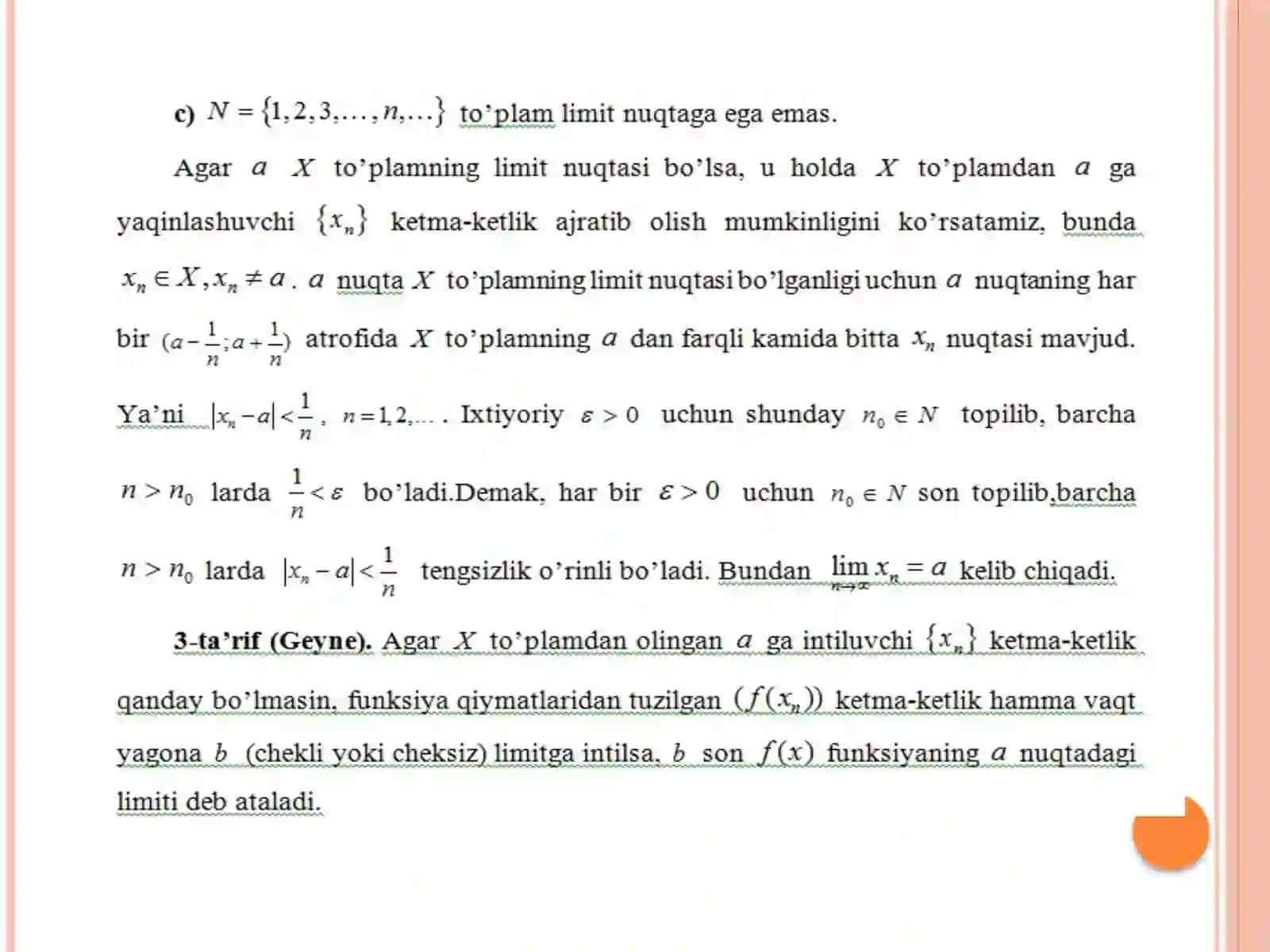 10-Mavzu. Funksiyaning nuqtadagi limitining ta’riflari. Limitga ega bo’lgan funksiyalarning xossalari.Birtomonlilimitlar.Birtomonli limitlar asosidafunksiyaningcheklilimitgaegabo’lishsharti 4