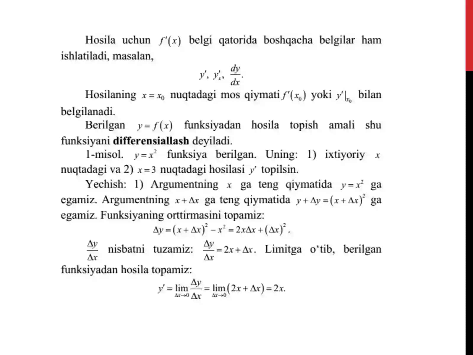 HOSILANING TA’RIFI, UNING GEOMETRIK VA MEXANIK MA’NOSI. FUNKSIYA GRAFIGIGA O’TKAZILGAN URINMA VA NORMAL TENGLAMALARI 4