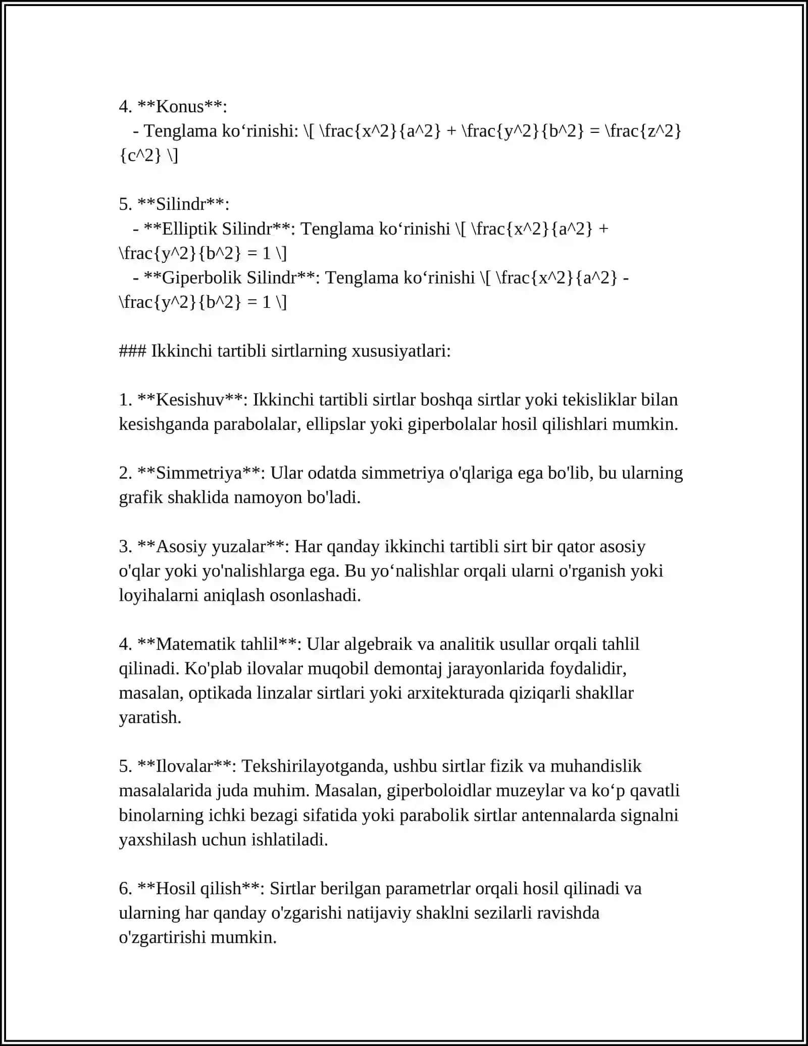 IKKINCHI TARTIBLI SIRTLAR: ELLIPSOID, PARABOLOIDLAR, GIPERBOLOIDLAR 4