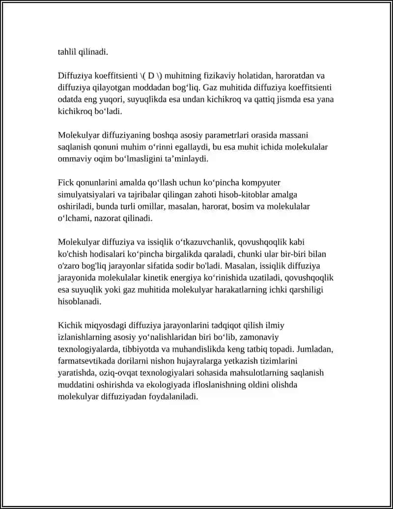KOʻCHISH HODISALARI.DIFFUZIYA, ISSIQLIK OʻTKAZUVCHANLIK VA QOVUSHQOQLIK.FAZAVIY OʻTISHLAR 4