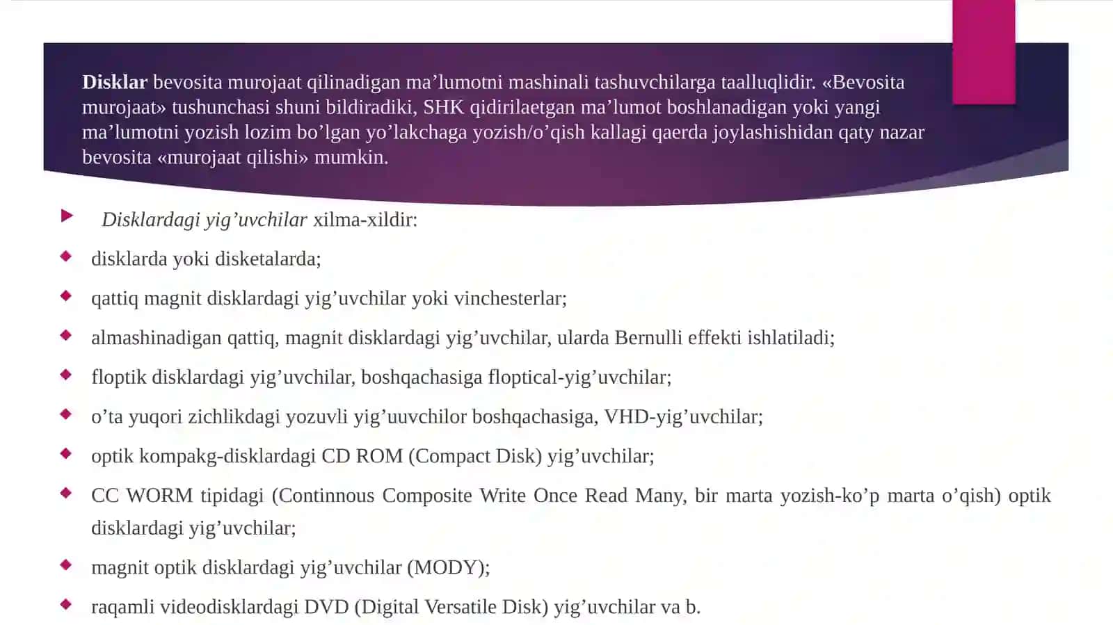 MA`LUMOTLARNI XOTIRADA SAQLASH QURILMALARI 4