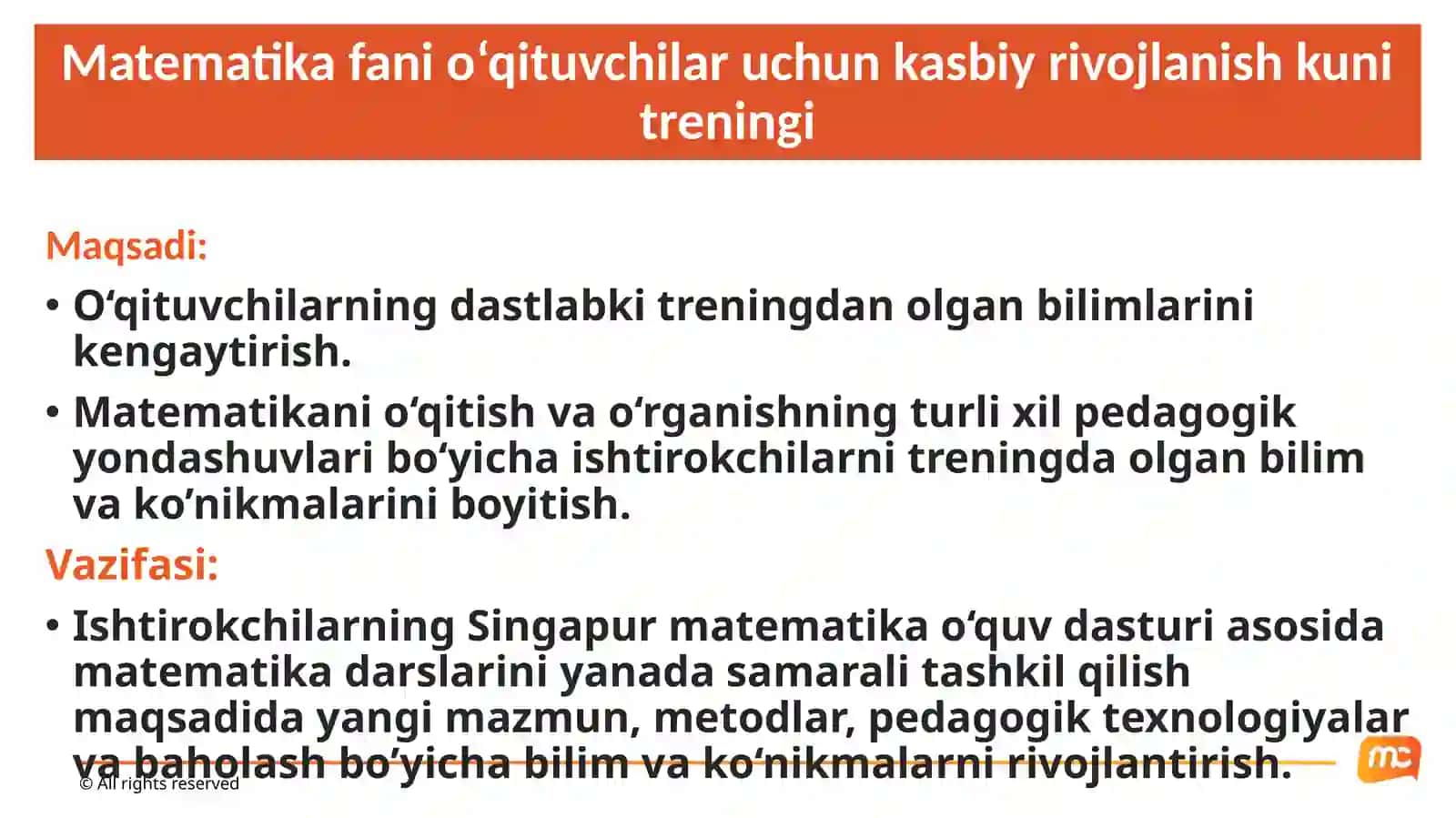 Matematikafanio‘qituvchilaruchunkasbiyrivojlanishkunitreningi 4