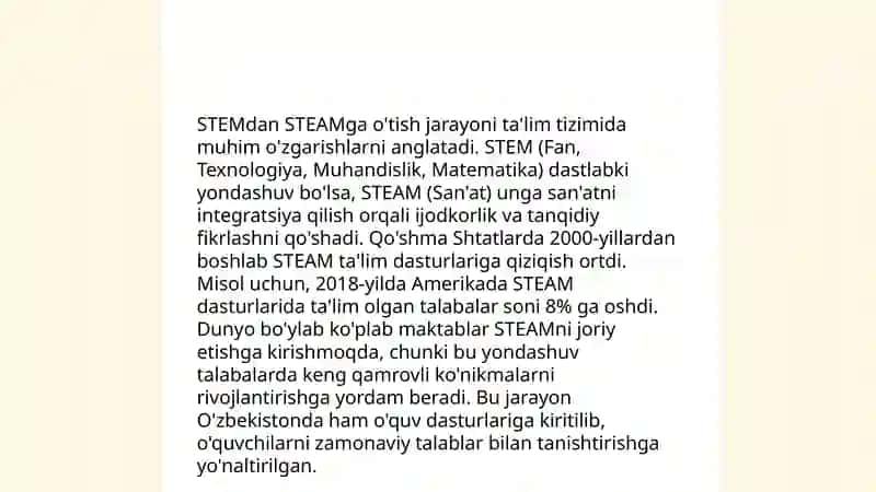 STEM va STEAM ning rivojlanishi STEMning STEAMga aylanishi va takomillashtirilishi. STEAM texnologiyasini qo'llashda tarbiyachining kreativligi 4