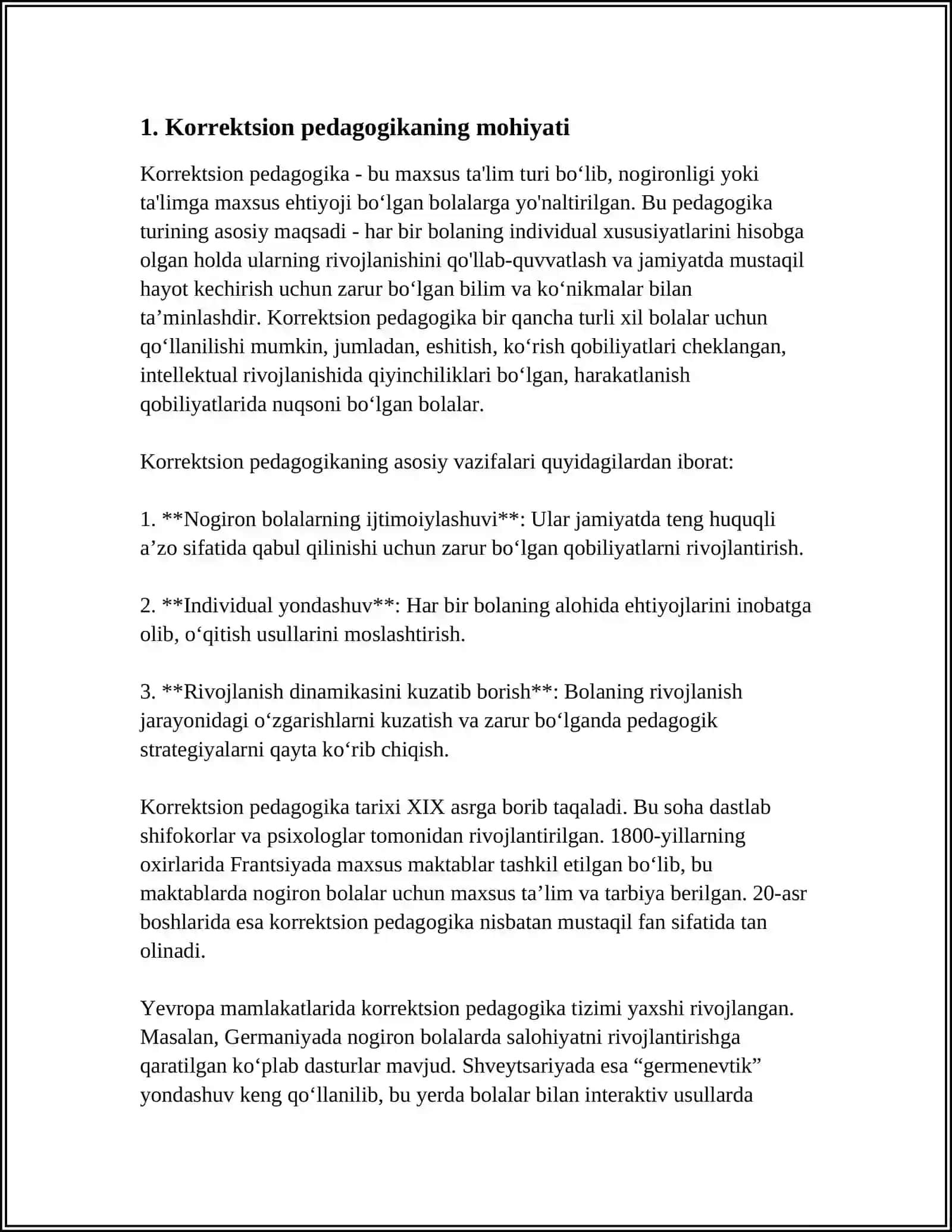 KORREGSION PEDAGOGIKA PEDAGOGIK FANLAR TARMG'I SIFATIDA KORREGSION PEDAGOGIKANING ASOSIY VAZIFALARI, TAMOYILLARI VA METODLARI 4