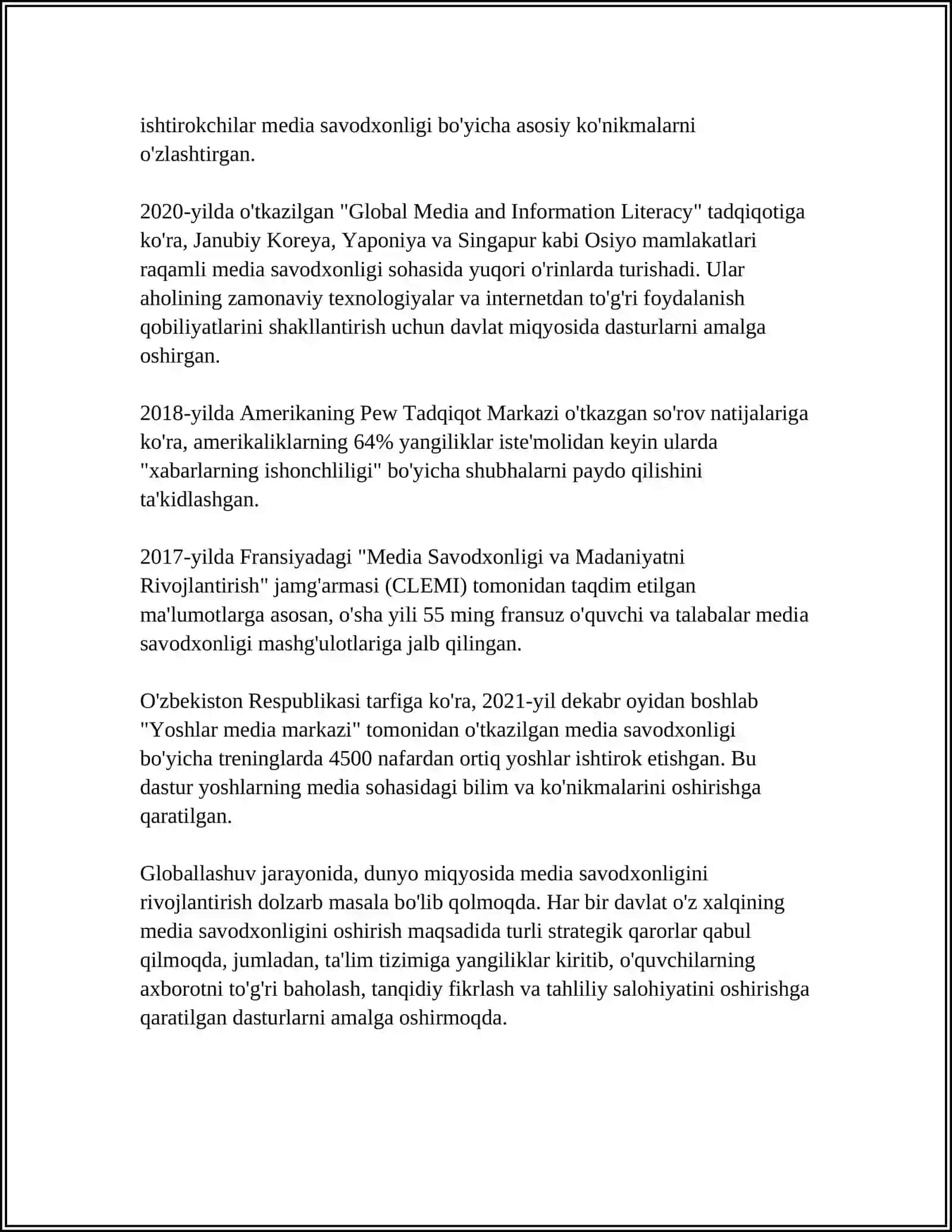 MEDIA SAVODHONLIK VA AXBOROT MADANIYATINING TARIXIY EVOLYUTSIYASI MAVZUSI BO'YICHA 20TA KRASSVORD 4