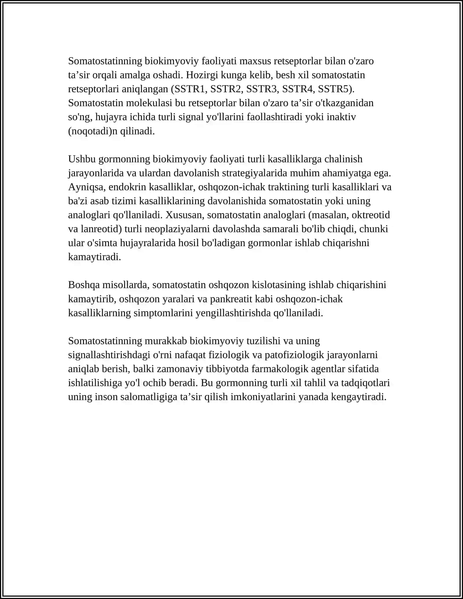 MUSTAQIL ISH Mavzu: SAMATOSTATIN GARMONOIDINING AHAMIYATI, TA’SIR MEXANIZMI, E PROSTOGLANINING AHAMIYATI VA TA’SIR MEXANIZMI 4