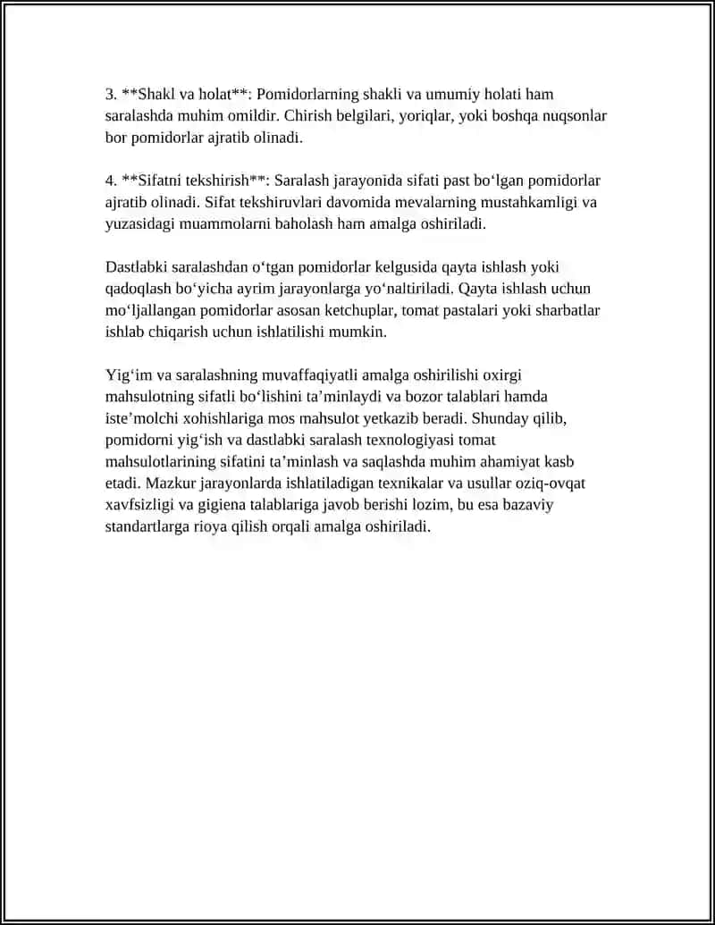 Pomidorni yig‘ish va dastlabki saralash texnologiyasi 4