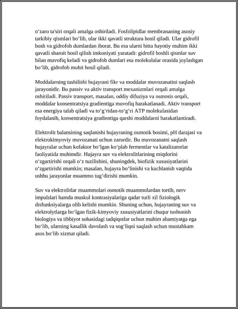 XUJAYRANING FIZIK - KIMYOVIY TARKIBI.MEMBRANA ORQALI MODDALAR TRANSPORTI 4