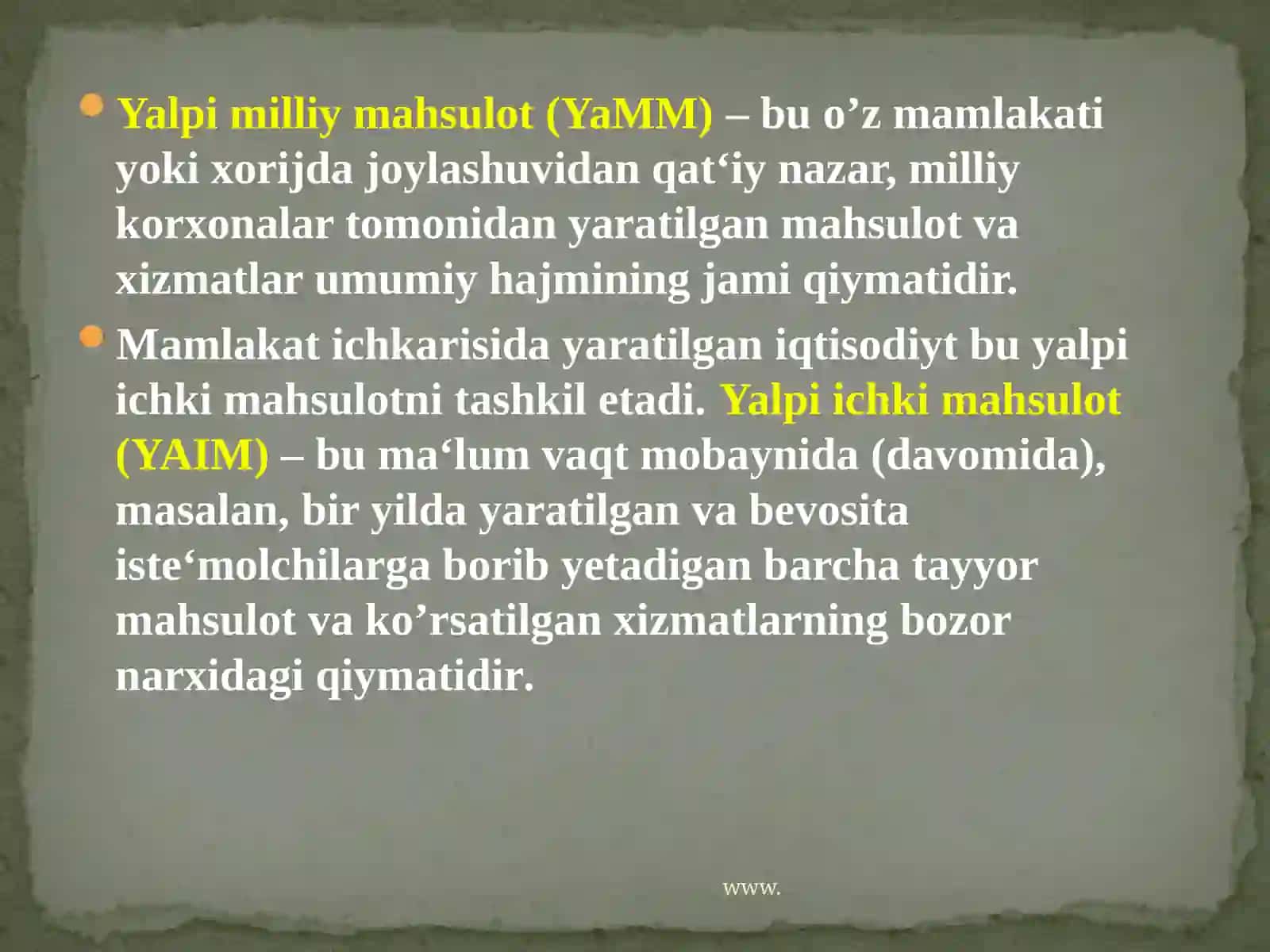 Yalpiichki mahsulot statistikasi va uning xajmini hisoblash usullari 4