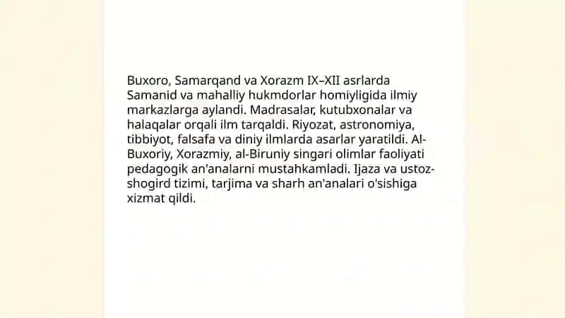 Sharqda ilk uyĝonish davri (IX-XII asrlar) Órta Osiyoda (XIV-XX asrlar) ta'lim-tarbiya va pedagogik fikrlar rivojlanishi 4