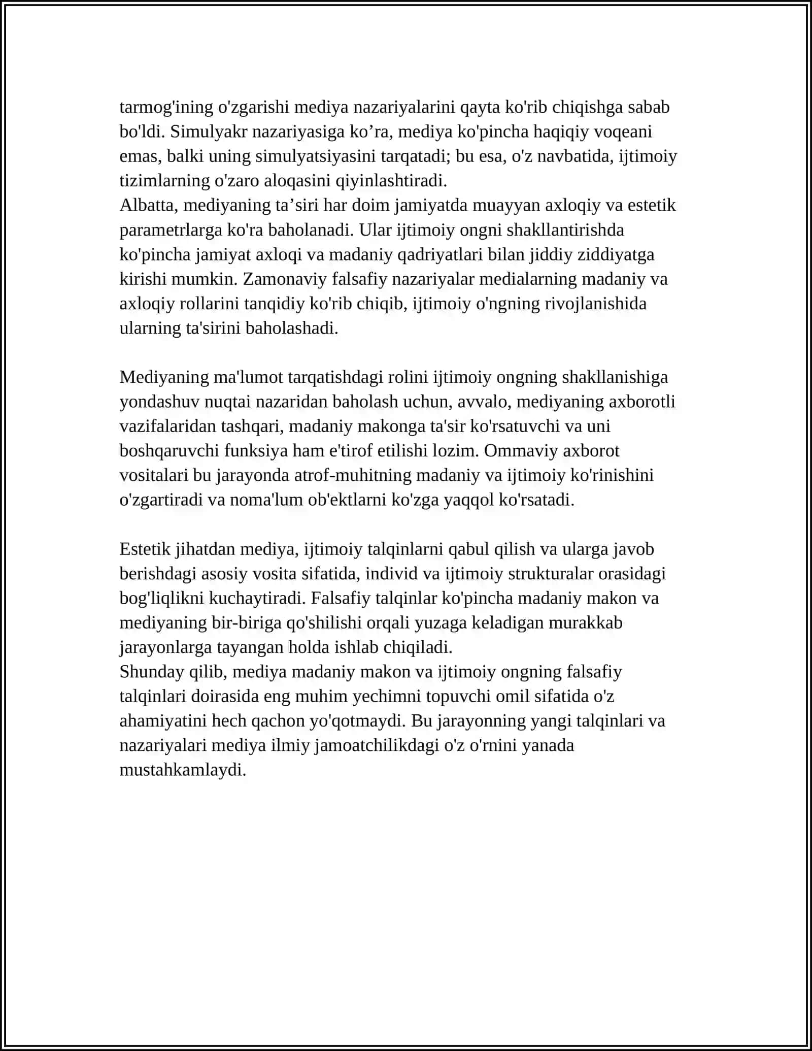 MEDIYA MADANIY MAKON VA ISHTIMOIY ONG:FALSAFIY INTERPRETATSIYALAR 4