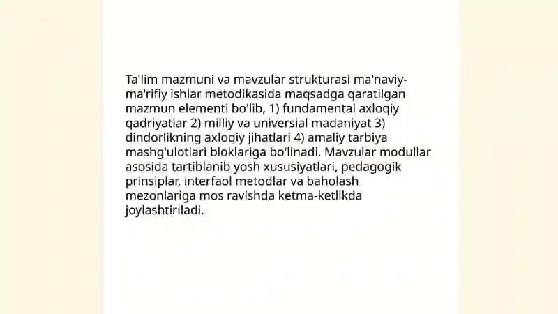 Ma'naviy-ma'rifiy ishlarni tashkil etish metodikasi fanining xususiyatlari 4