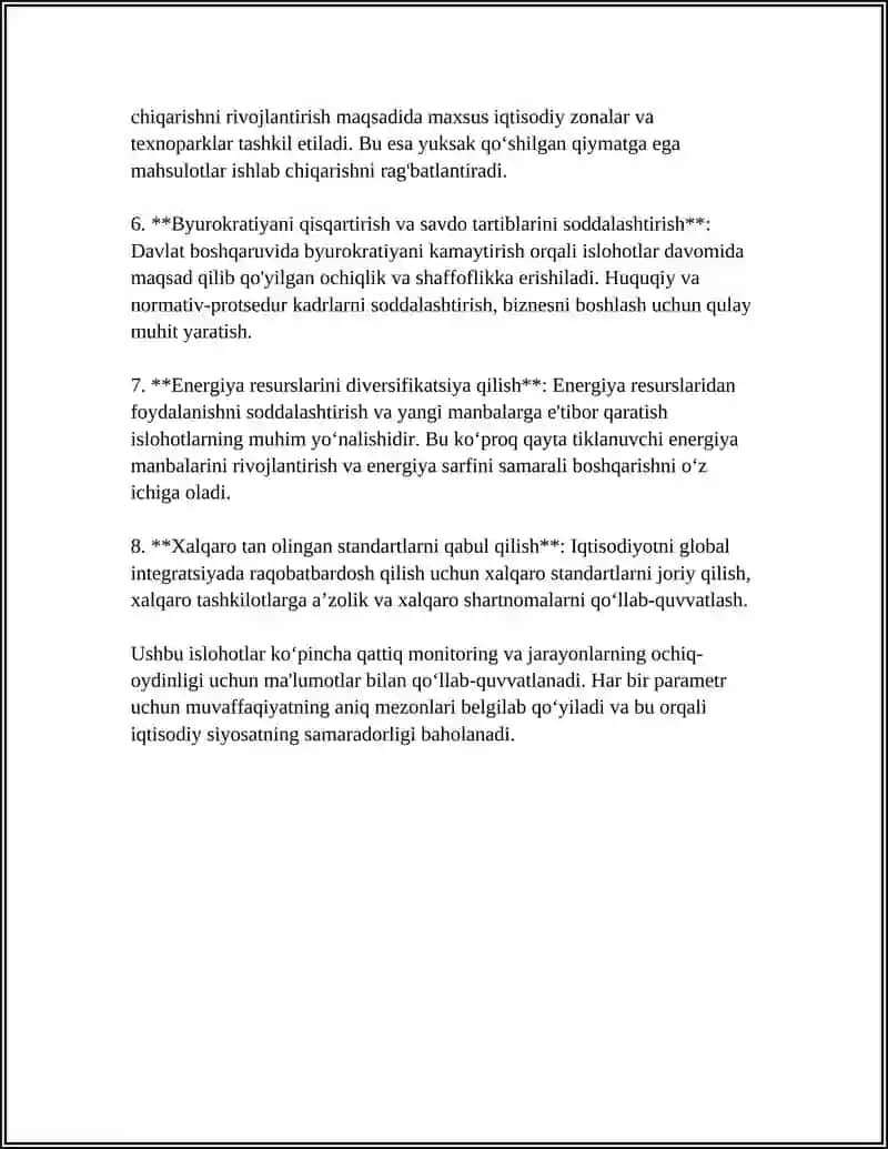 OʻZBEKISTON RESPUBLIKASI PREZIDENTI SHAVKAT MIRZIYOYEVNING KENG KOʻLAMLI IQTISODIY ISLOHOTLARI VA UNING MAZMUNI 4