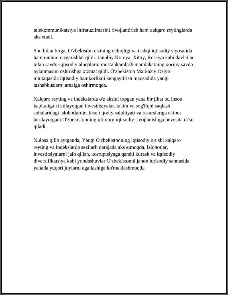YANGI O'ZBEKISTON IJTIMOIY-SIYOSIY'IQTISODIY VA MADANIY HAYOTIDA RO'Y BERAYOTGAN O'ZGARISHLARNING XALQARO REYTING VA INDEKSLARDA AKS ETISHI 4