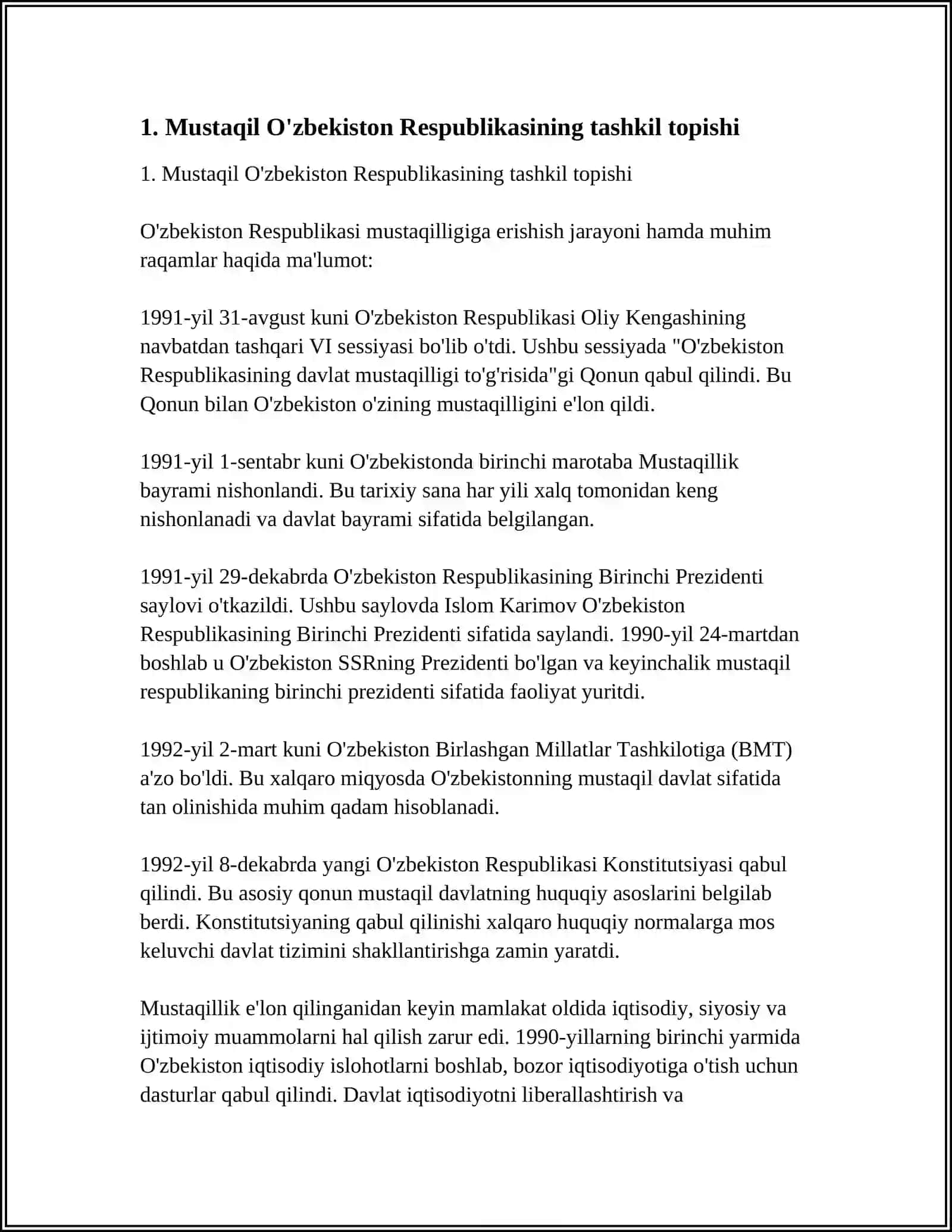 MUSTAQIL O'ZBEKISTON RESPUBLIKASINING TASHKIL TOPISHINING TARIXIY AHAMIYATI. O'ZBEKISTONNING O'ZIGA HOS ISTIQLOL TARAQQIYOT YOLI 4