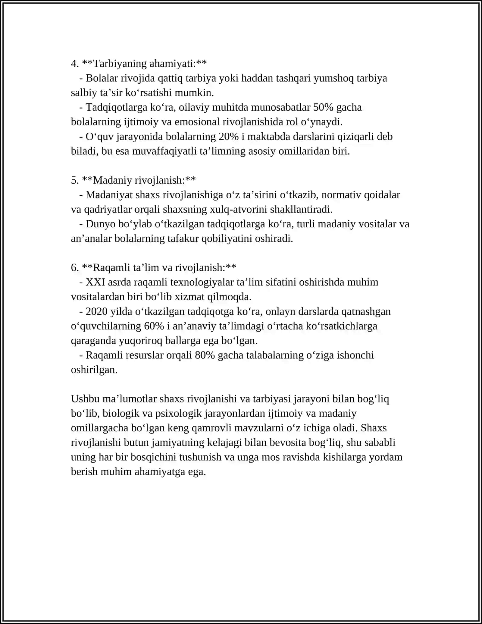 SHAXSNING RIVOJLANISHI, TARBIYASI VA IJTIMOYILLASHUVI 4