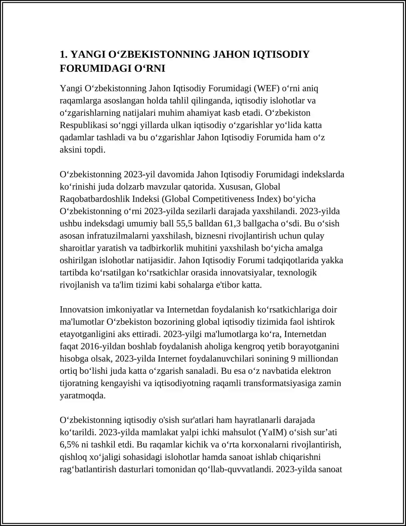 YANGI O‘ZBEKISTON IJTIMOIY-SIYOSIY, IQTISODIY VA MADANIY HAYOTIDA ROʻY BERAYOTGAN OʻZGARISHLARNING XALQARO REYTING VA INDEKSLARDA AKS ETISHI 4