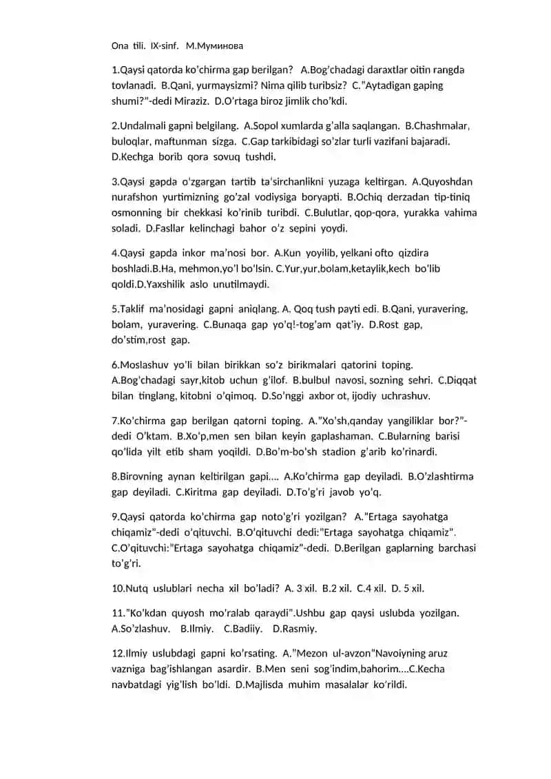V Sinf. Ona tili. Yakuniy test. 4