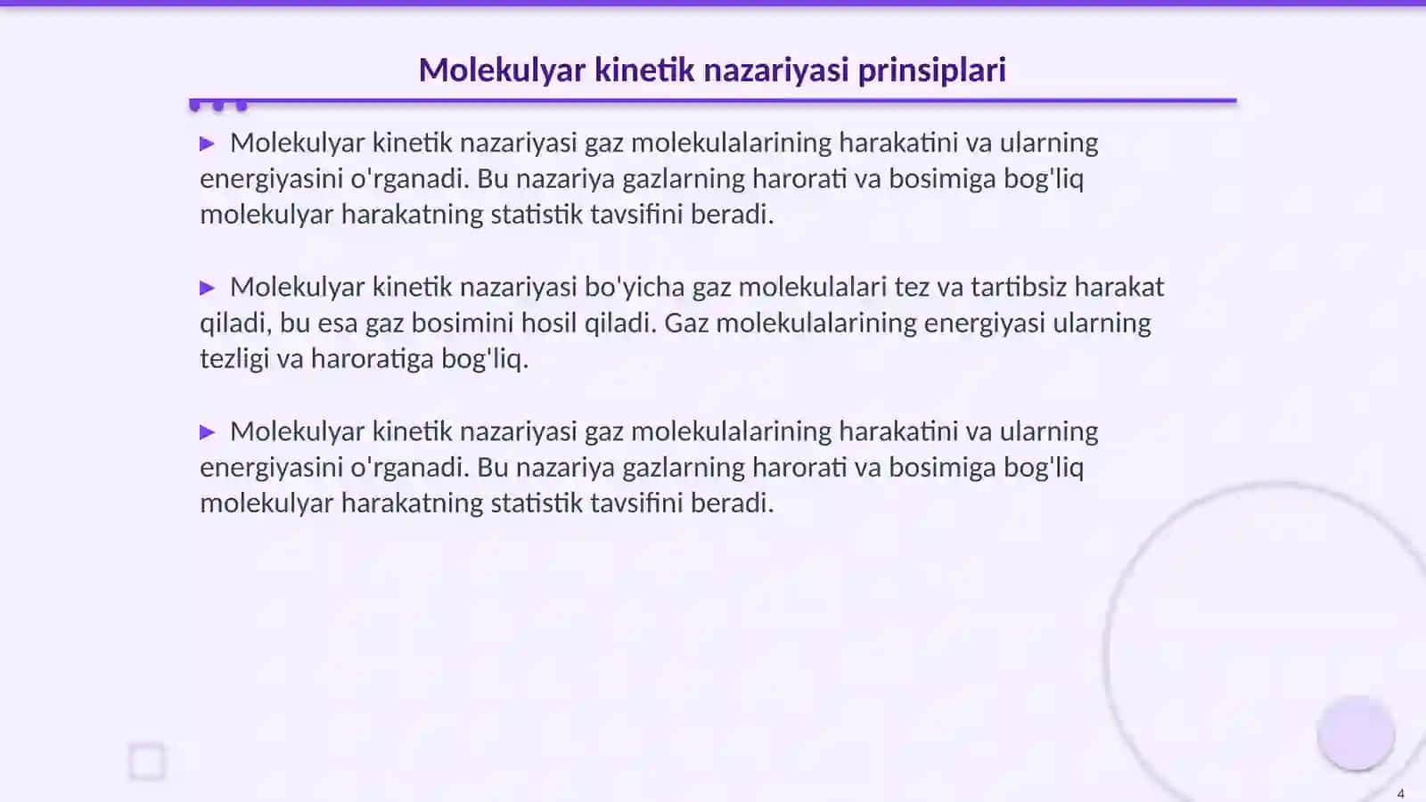 Ideal gaz qonunlari. Molekulyar kinetik nazaryaning asosiy tenglamasi. Ideal gaz molekulalarining tezligi 4