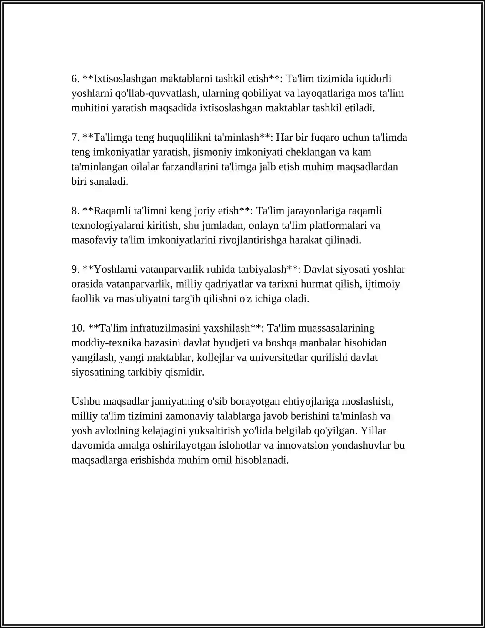 "TA'LIM SOHASIDAGI DAVLAT SIYOSATINING USTUVOR YO'NALISHLARI" MUSTAQIL ISH TAYYORLASH 4