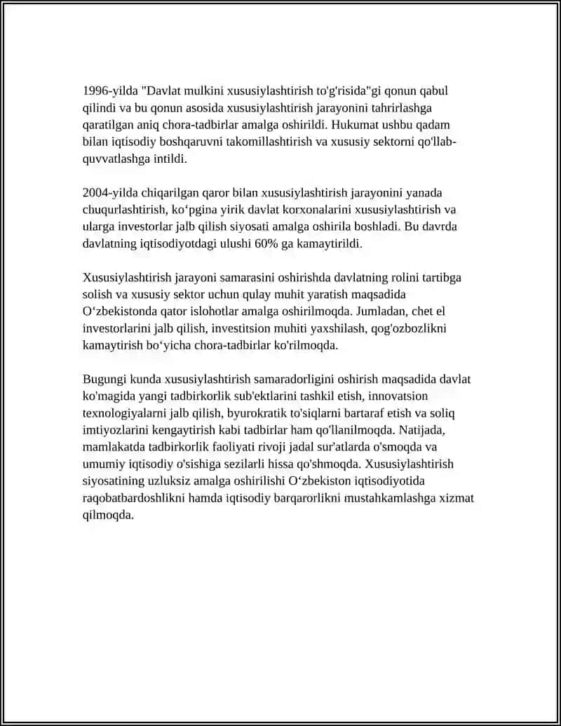 O'ZBEKISTON IQTISODIYOTIDA BOZOR ISLOHOTLARI: XUSUSIYLASHTIRISH,TADBIRKORLIKNI RIVOJLANTIRISH 4