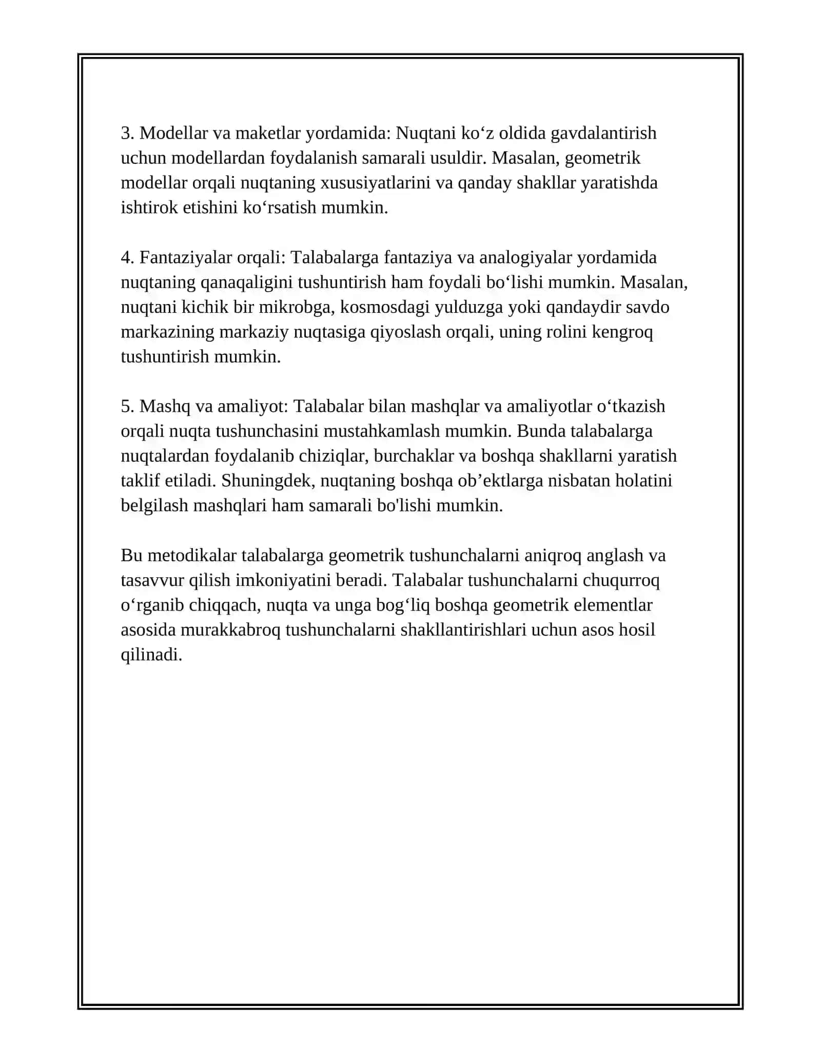 GEOMETRIK MATERIALLARNI O'RGANISH METODIKASI. NUQTA, KESMA, KO'PBURCHAK TUSHUNCHASI HAQIDA TASAVVURNI SHAKLLANTIRISH VA ULARNI CHIZISH, AYRIM XOSSALARI BILAN TANISHTIRISH METODIKASI 4