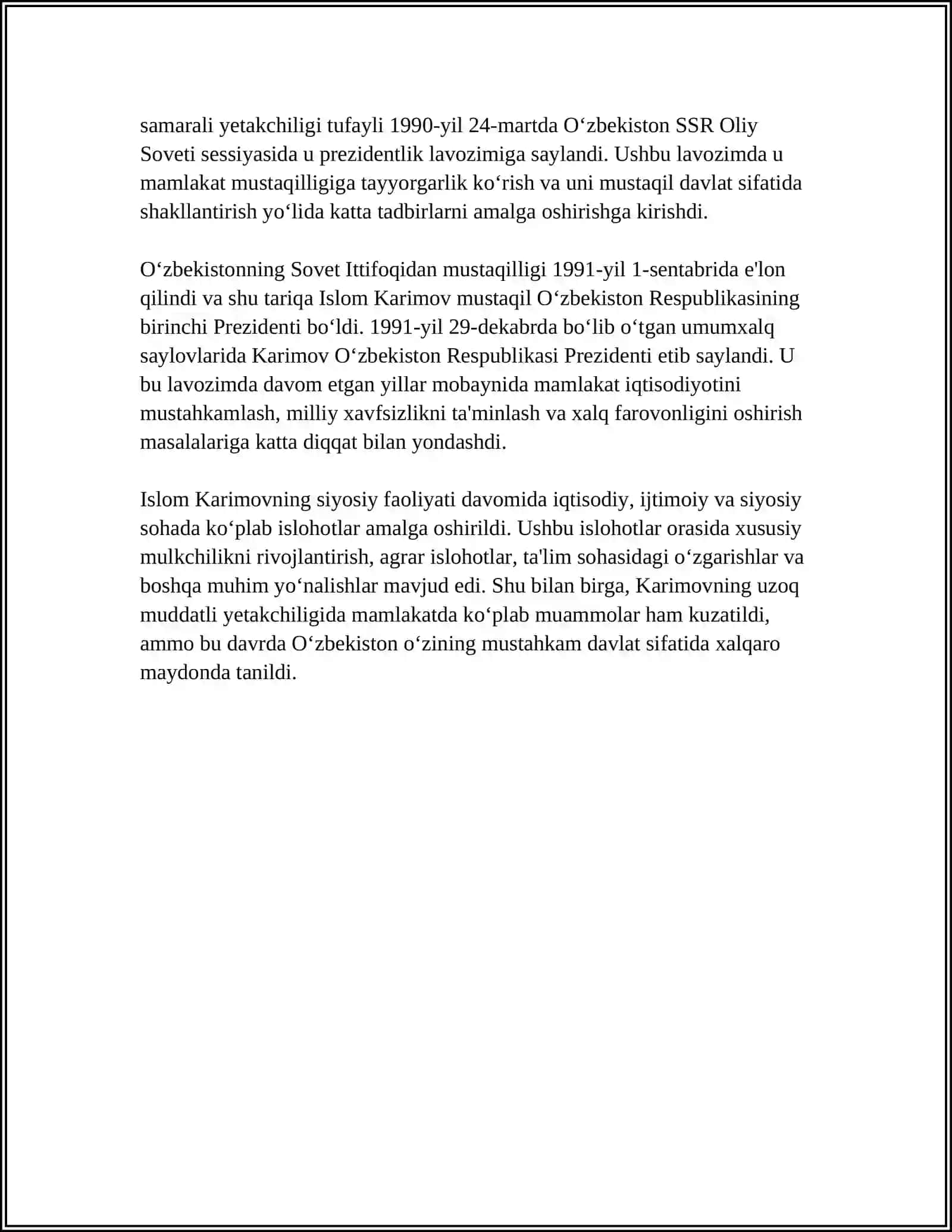 MUSTAQIL O’ZBEKISTON DAVLATINING YUZAGA KELISHI VA MUSTAHKAMLANISHIDA ISLOM KARIMOVNING O’RNI VA ROLI 4