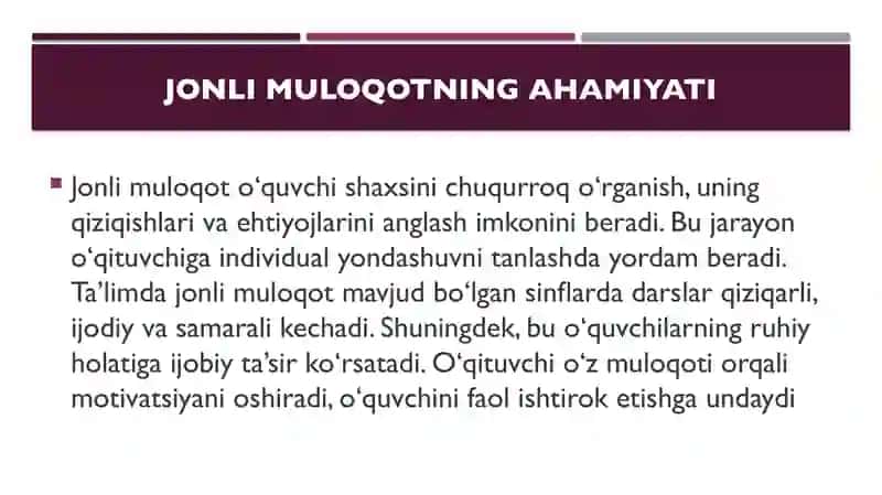 Oʻqituvchi va  Oʻquvchi ortasida jonli muloqot tashkil etish.Pedagogik nizolar ziddiyatlarni bartara 4
