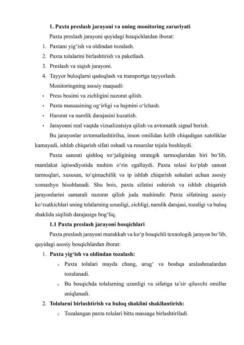 PAXTANI PRESLASH JARAYONINI MONITORING TIZIMINI ARDUINO MIKROKONTROLLAR YORDAMIDA LOYIHALASHTIRISH VA DASTURINI YARATISH 4