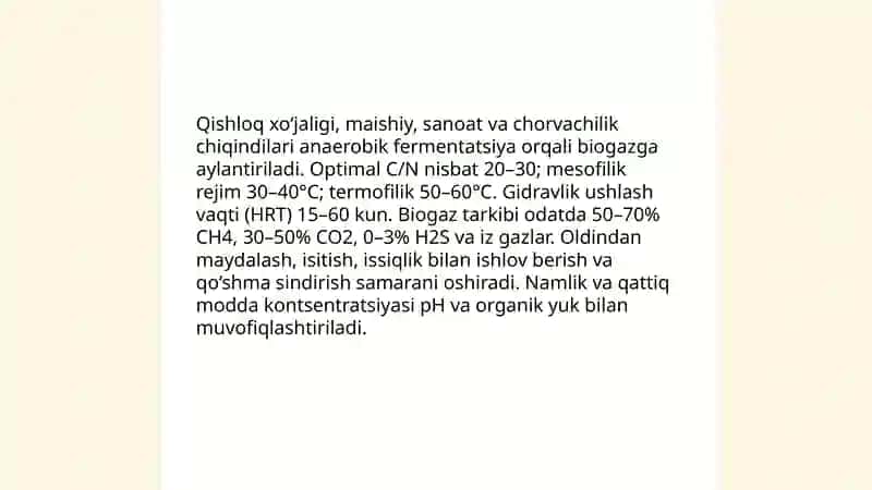 Biomassadan (Chiqindilardan) biogas olish biotexnologiyasi 4