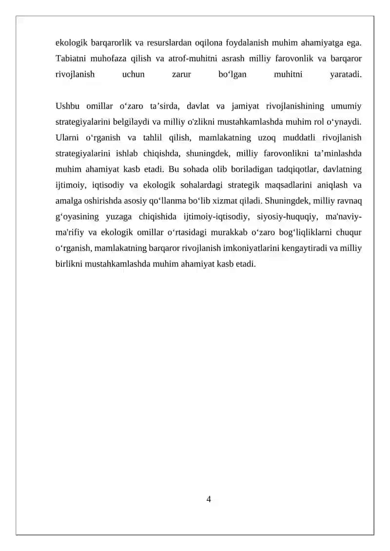 VATAN RAVNAQI G'OYASINING YUZAGA CHIQISHIDA IJTIMOIY-IQTISODIY, SIYOSIY-HUQUQIY, MA'NAVIY-MA'RIFIY,EKALOGIK OMILLARNI O'RNI 4