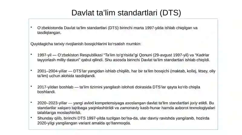 O‘zbekiston Respublikasi davlat ta’lim standartlarining   tavsifi va maqsadi. 4