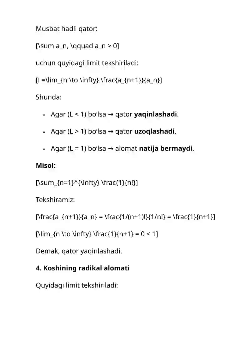 Musbat hadli sonli qatorlar yaqinlashishining yetarli shartlari 4