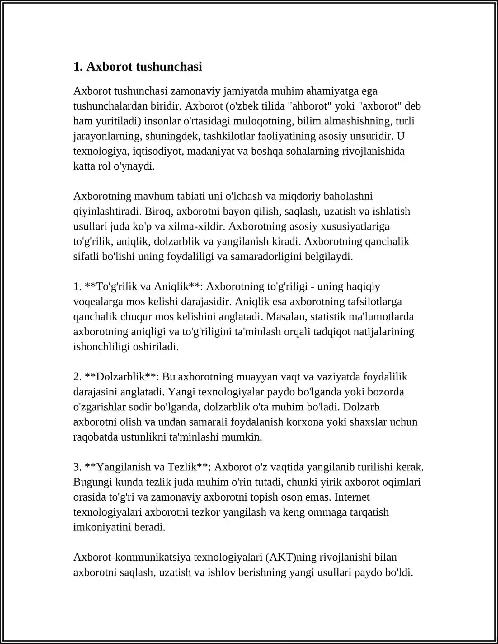 AXBOROT HAQIDA TUSHINCHA.AXBOROT TEXNOLOGIYALARI HAQIDA MALUMOT 4