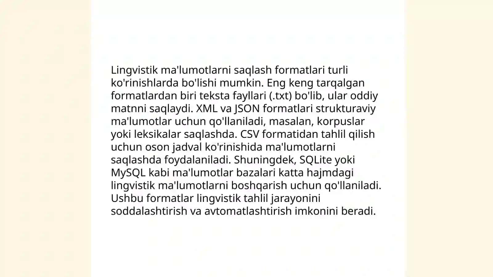 Lingvistik ma'lumotlarni (morfema, leksema, frazema, birikma va gap) kompyuter ta'minotiga kiritish, qayta ishlash 4
