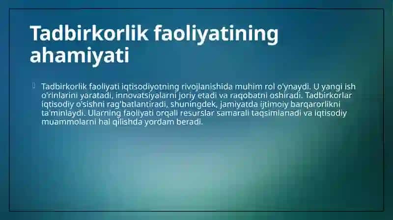 TAQDIMOT TADBIRKORLIK FAOLIYATI VA TADBIRKORLIK KAPITALI MAVZUSIDA 4