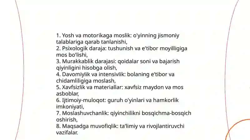 Harakatli o`yinlarni bolani yoshiga mos holda tanlash tahlil qilish va o`tkazish 4