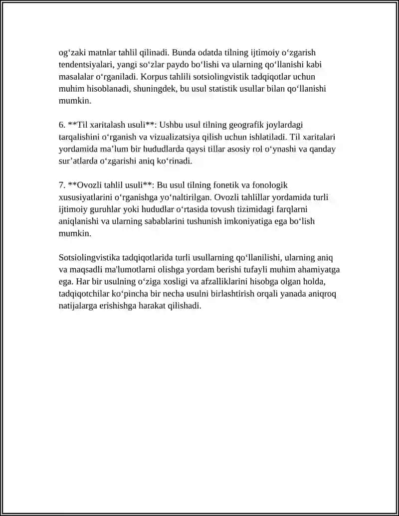 SOTSIOLINGVISTIK METODLAR. SOTSIOLINGVISTIK TADQIQOT DASTURLARI 4