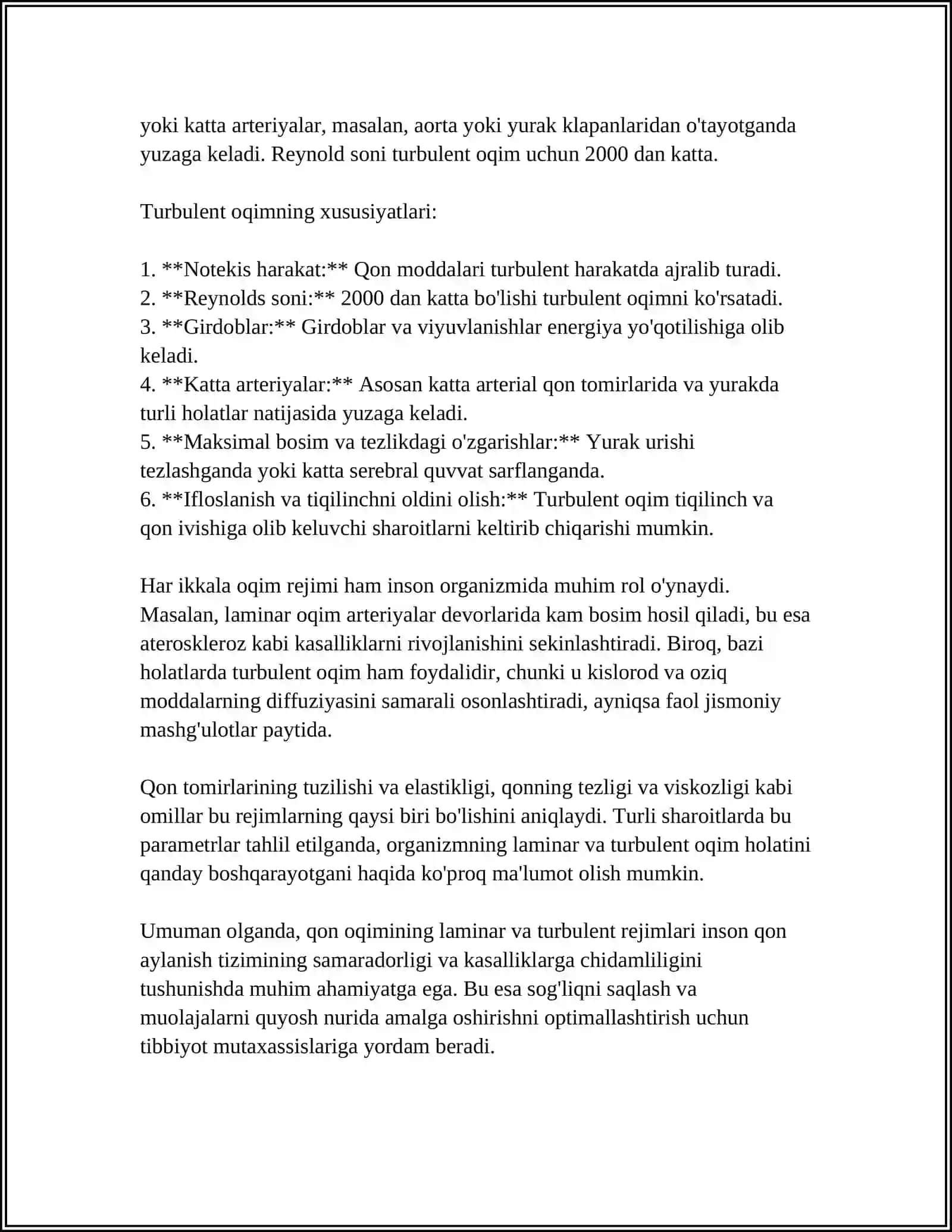 LAMINAR VA TURBULENT OQIMLARNING TIBBIYOTDAGI AHAMIYATI. QON OQIMI TEZLIGINI ANIQLASH VA UNI TIBBIYOTDAGI AHAMIYAT 4